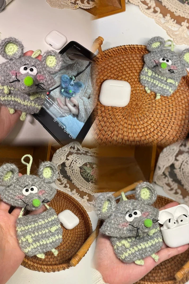 Handmade Crochet Fluffy Mouse Earphone Pouch