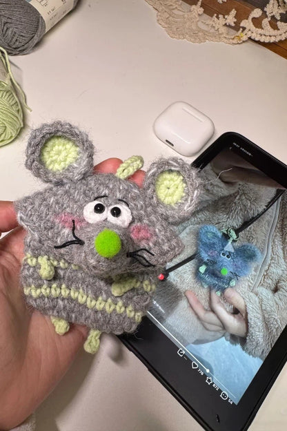 Handmade Crochet Fluffy Mouse Earphone Pouch